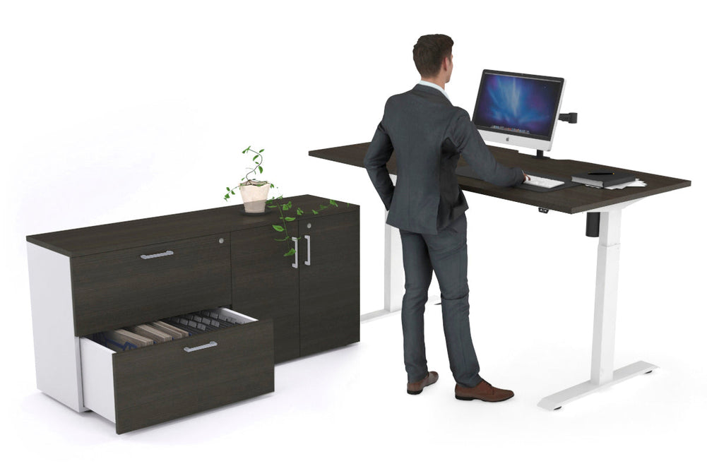Just Right Height Adjustable Desk Executive Setting [1600L x 800W with Cable Scallop]-white frame dark oak 2 drawer 2 door filing cabinet