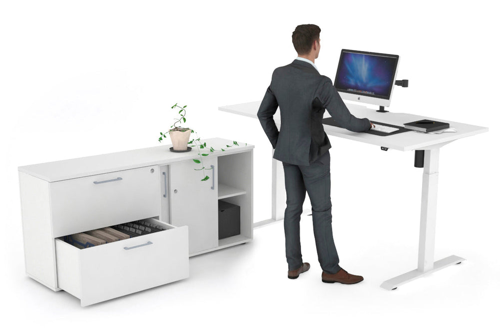 Just Right Height Adjustable Desk Executive Setting [1600L x 800W with Cable Scallop]-white frame white 2 drawer lateral sliding door credenza
