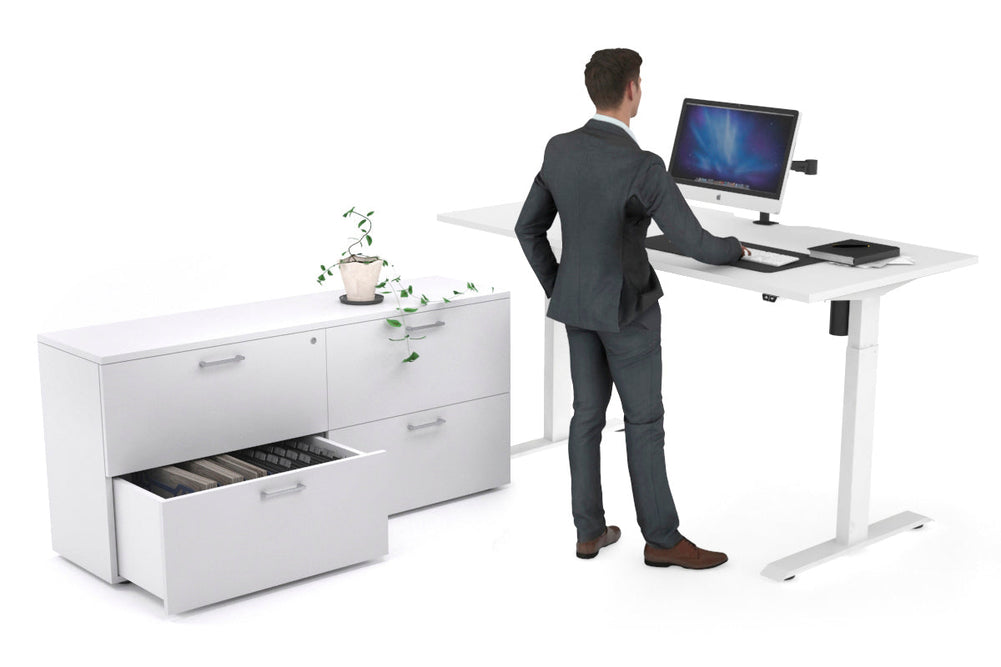 Just Right Height Adjustable Desk Executive Setting [1600L x 800W with Cable Scallop]-white frame white 4 drawer lateral filing cabinet
