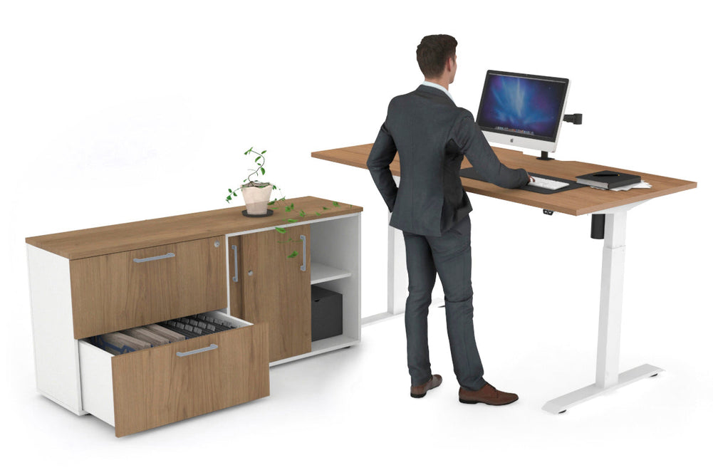 Just Right Height Adjustable Desk Executive Setting [1600L x 800W with Cable Scallop]-white frame salvage oak 2 drawer lateral sliding door credenza