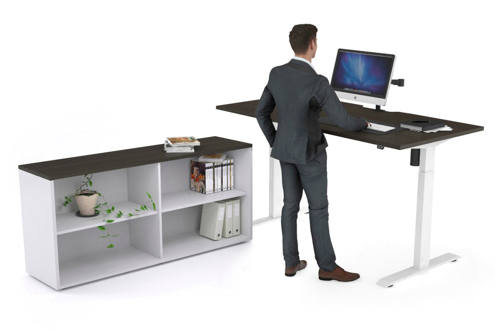 Just Right Height Adjustable Desk Executive Setting [1600L x 800W with Cable Scallop]-white frame dark oak open bookcase