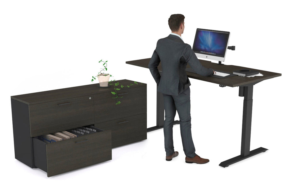 Just Right Height Adjustable Desk Executive Setting [1600L x 800W with Cable Scallop]-black frame dark oak 4 drawer lateral filing cabinet