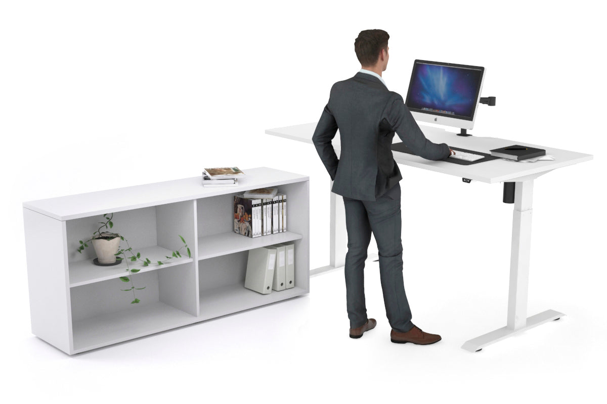 Just Right Height Adjustable Desk Executive Setting [1600L x 800W with Cable Scallop] Jasonl white frame white open bookcase