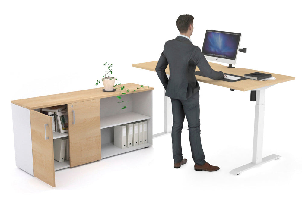 Just Right Height Adjustable Desk Executive Setting [1600L x 800W with Cable Scallop]-white frame maple 2 door open storage cabinet