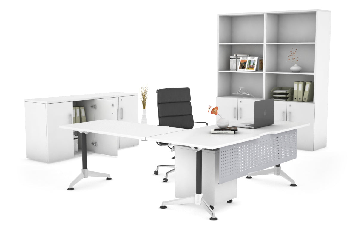 LShaped Corner Executive Office Desk Blackjack [1600L x 1800W with Cable Scallop]-white silver modesty 