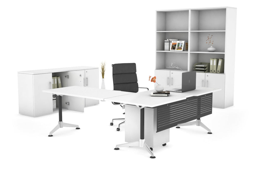 L-Shaped Corner Executive Office Desk Blackjack [1600L x 1800W with Cable Scallop]-white black modesty 