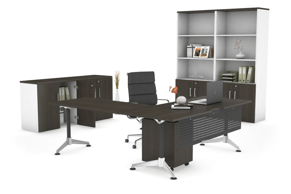 L-Shaped Corner Executive Office Desk Blackjack [1600L x 1800W with Cable Scallop]-dark oak black modesty 