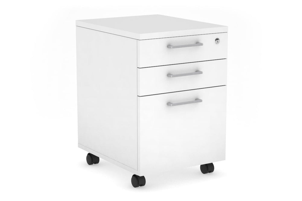 Mobile Pedestal with Lockable Filing Drawers Laminate-white silver handle 