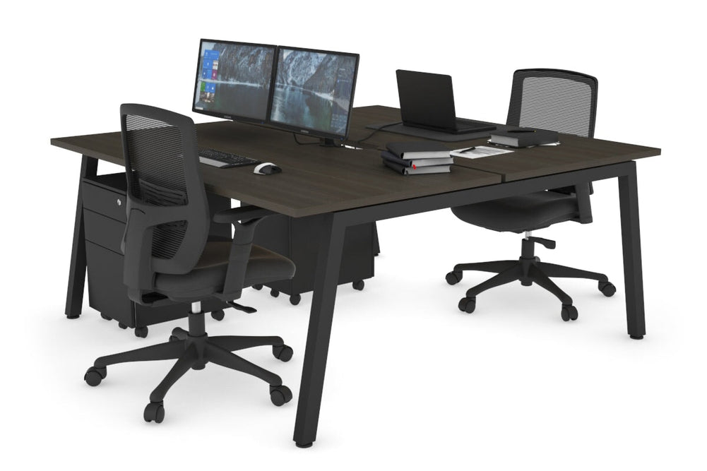 Quadro 2 Person Office Workstation [1200L x 800W with Cable Scallop]-black leg dark oak none
