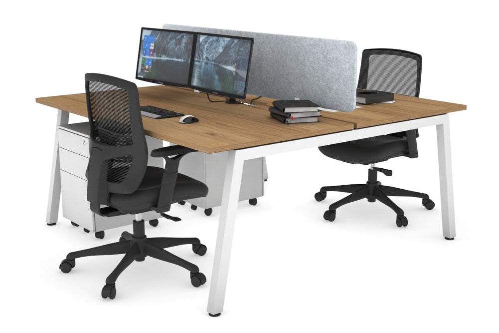 Quadro 2 Person Office Workstation [1200L x 800W with Cable Scallop]-white leg salvage oak light grey acoustic panel (400H x 1200W)