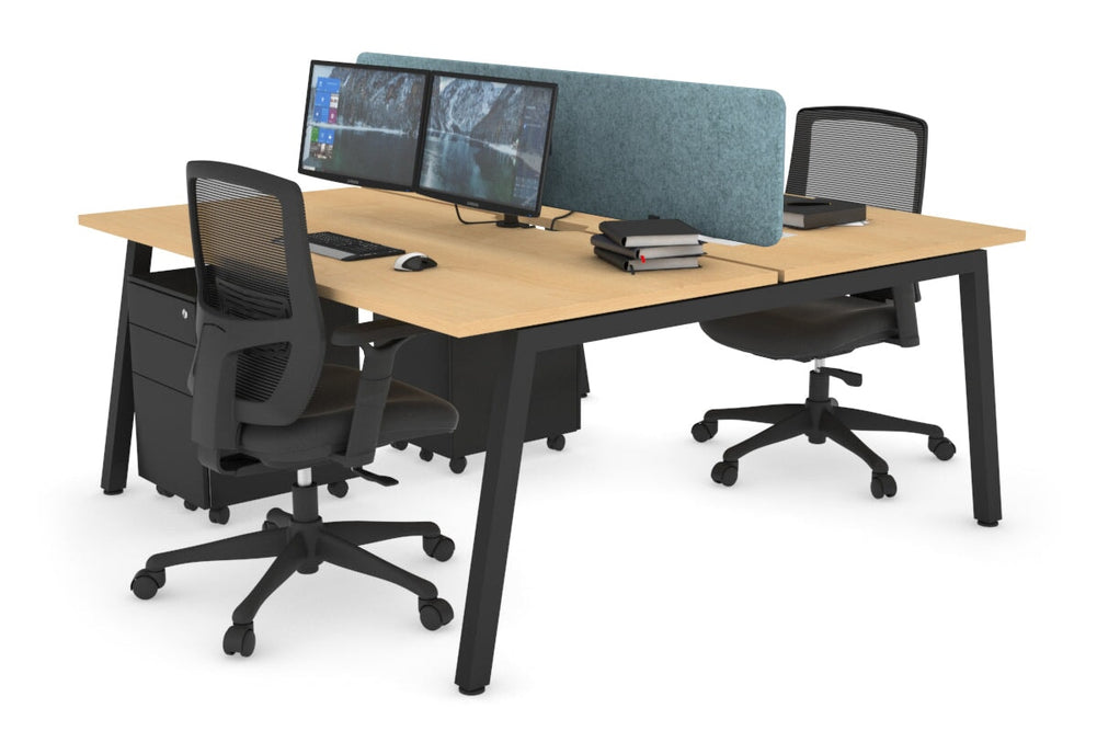 Quadro 2 Person Office Workstation [1200L x 800W with Cable Scallop]-black leg maple blue acoustic panel (400H x 1200W)