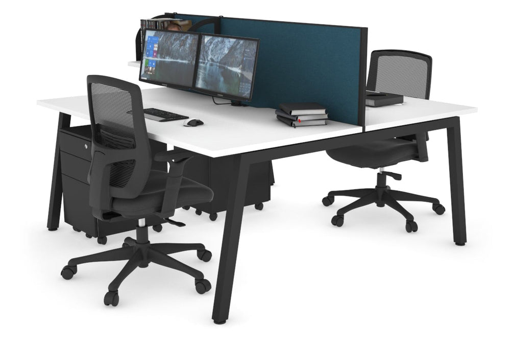 Quadro 2 Person Office Workstation [1200L x 800W with Cable Scallop]-black leg white deep blue (500H x 1200W)