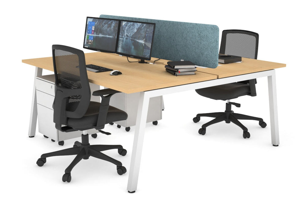 Quadro 2 Person Office Workstation [1200L x 800W with Cable Scallop]-white leg maple blue acoustic panel (400H x 1200W)
