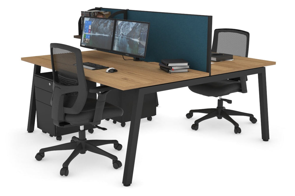 Quadro 2 Person Office Workstation [1200L x 800W with Cable Scallop]-black leg salvage oak deep blue (500H x 1200W)