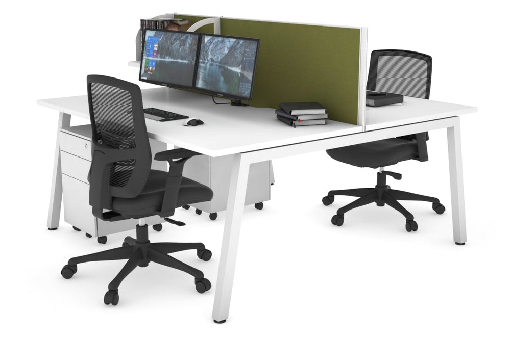 Quadro 2 Person Office Workstation [1200L x 800W with Cable Scallop]-white leg white green moss (500H x 1200W)