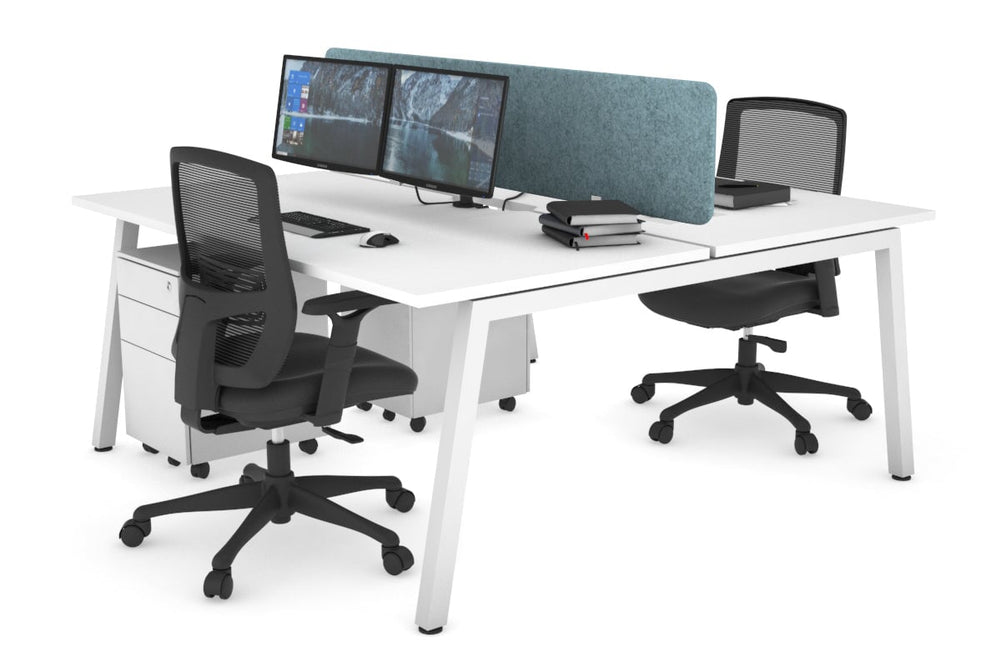 Quadro 2 Person Office Workstation [1200L x 800W with Cable Scallop]-white leg white blue acoustic panel (400H x 1200W)