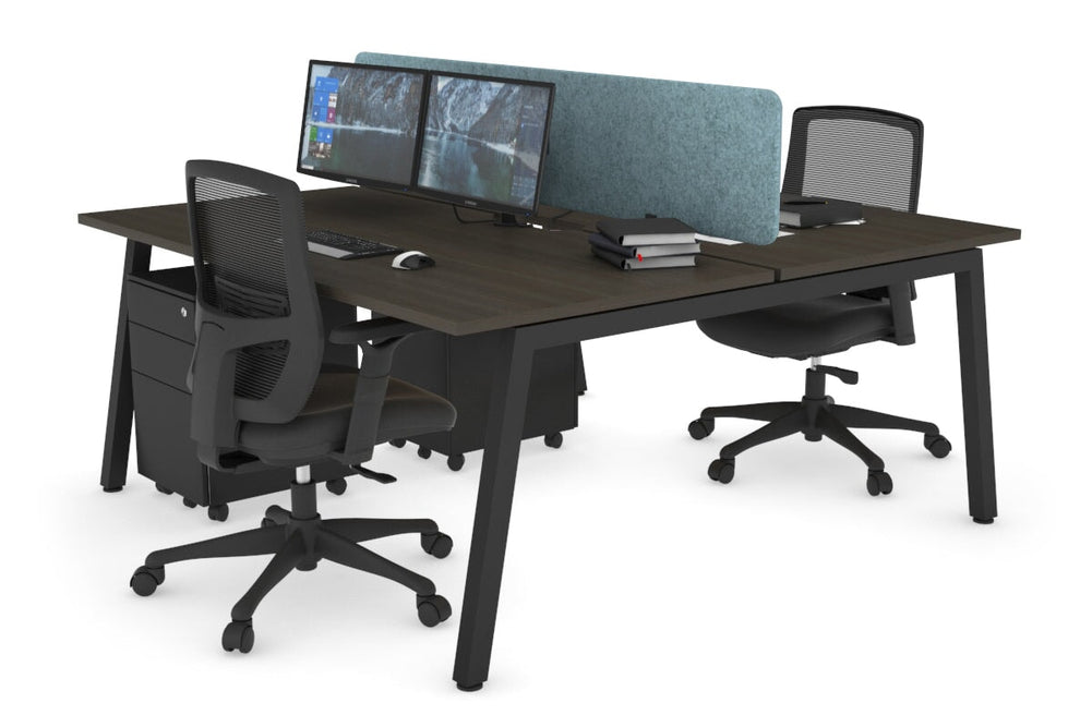 Quadro 2 Person Office Workstation [1200L x 800W with Cable Scallop]-black leg dark oak blue acoustic panel (400H x 1200W)