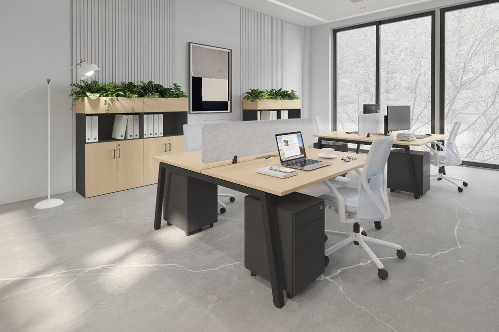 Quadro 2 Person Office Workstation [1200L x 800W with Cable Scallop]-black leg dark oak moody charcoal (500H x 1200W)