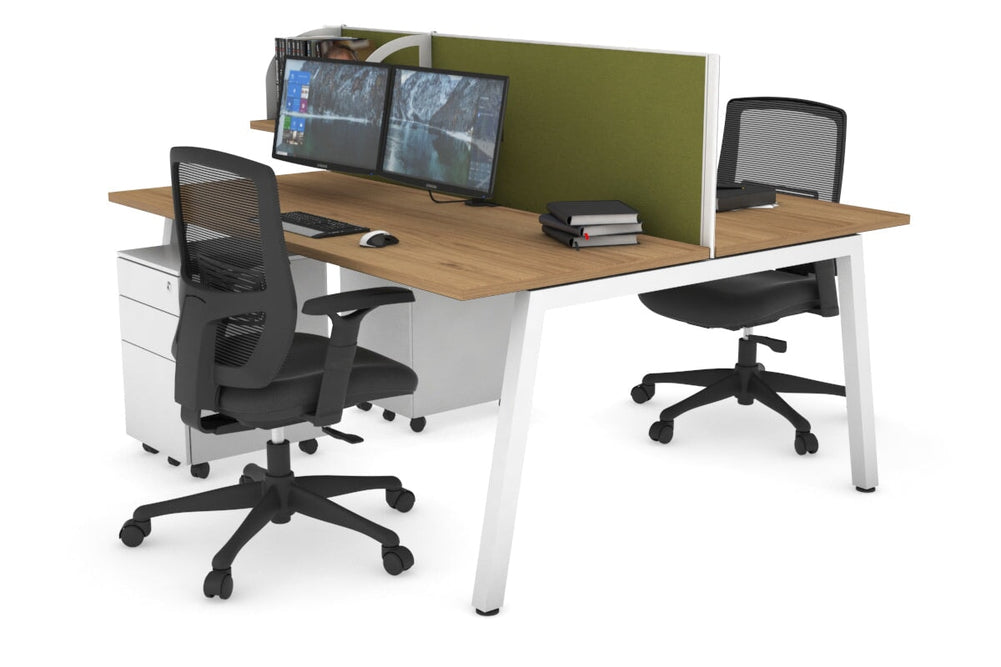 Quadro 2 Person Office Workstation [1400L x 700W]-white leg salvage oak green moss (500H x 1400W)
