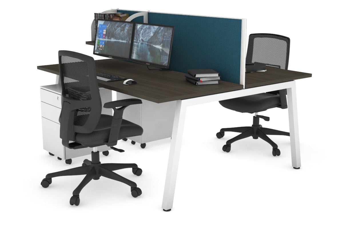 Quadro 2 Person Office Workstations [1400L x 700W] Jasonl white leg dark oak deep blue (500H x 1400W)