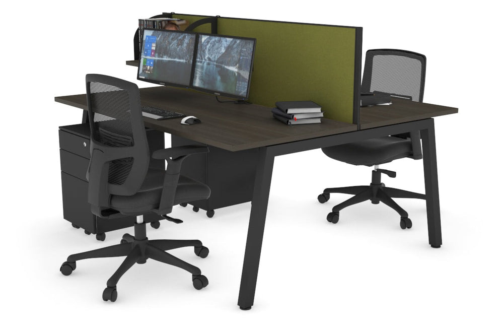 Quadro 2 Person Office Workstation [1400L x 700W]-black leg dark oak green moss (500H x 1400W)