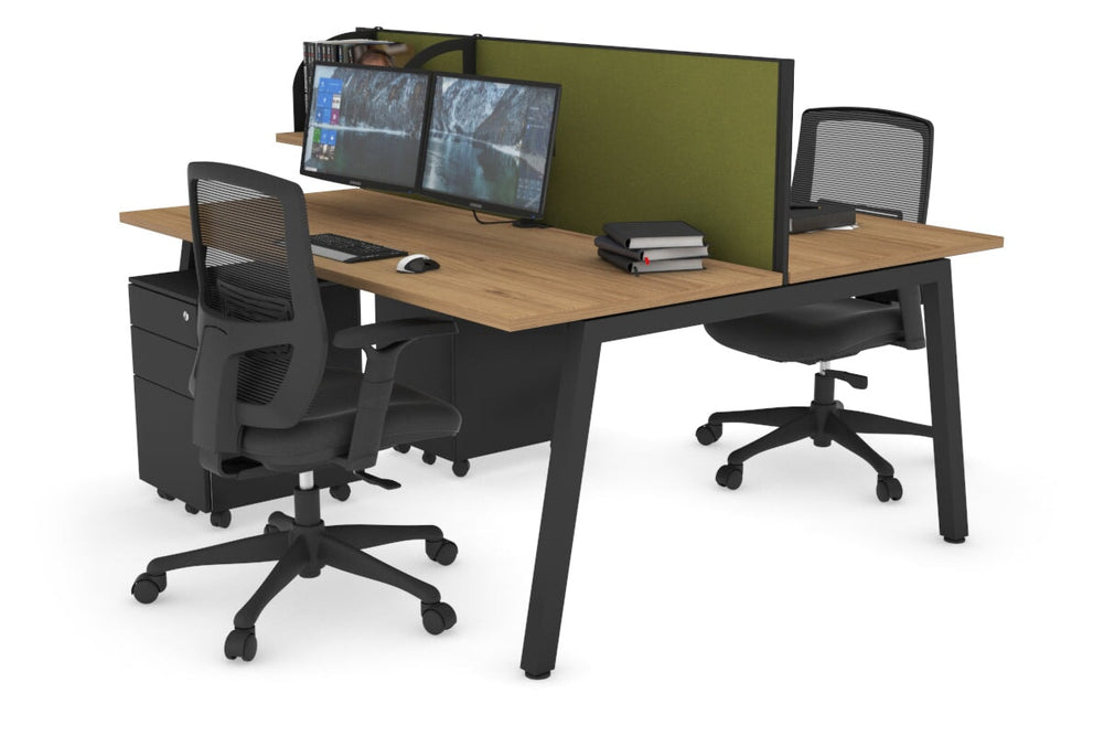 Quadro 2 Person Office Workstation [1400L x 700W]-black leg salvage oak green moss (500H x 1400W)