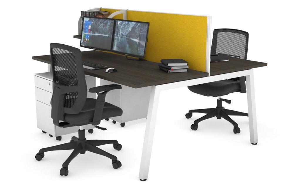 Quadro 2 Person Office Workstation [1400L x 700W]-white leg dark oak mustard yellow (500H x 1400W)
