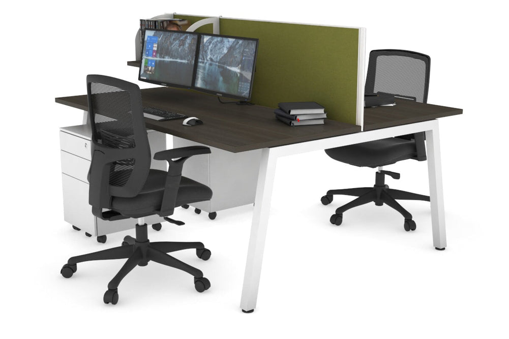 Quadro 2 Person Office Workstation [1400L x 700W]-white leg dark oak green moss (500H x 1400W)