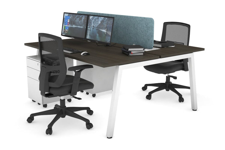 Quadro 2 Person Office Workstations [1400L x 700W] Jasonl white leg dark oak blue echo panel (400H x 1200W)
