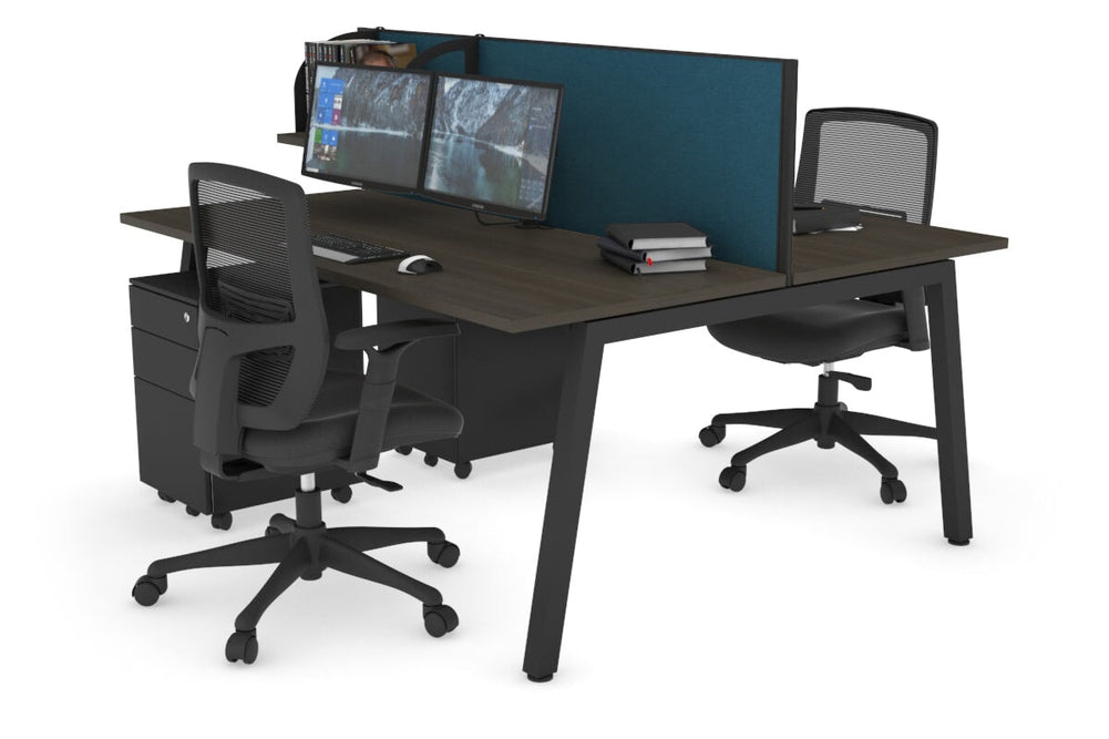 Quadro 2 Person Office Workstation [1400L x 700W]-black leg dark oak deep blue (500H x 1400W)