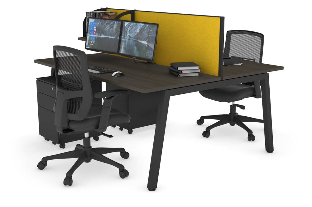 Quadro 2 Person Office Workstation [1400L x 700W]-black leg dark oak mustard yellow (500H x 1400W)