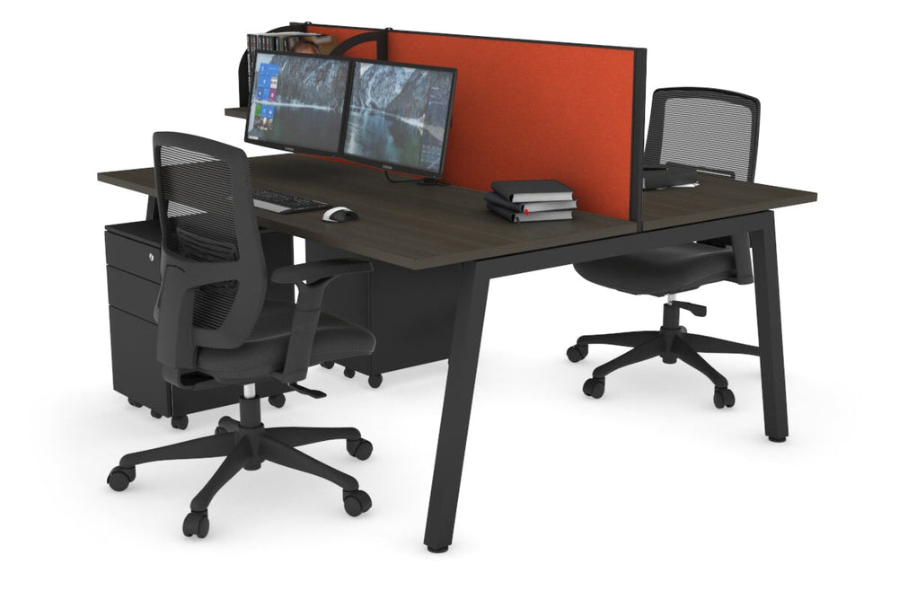 Quadro 2 Person Office Workstation [1400L x 700W]-black leg dark oak orange squash (500H x 1400W)