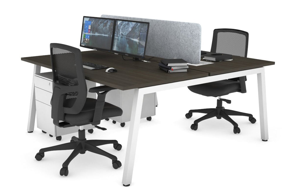 Quadro 2 Person Office Workstation [1400L x 800W with Cable Scallop]-white leg dark oak light grey acoustic panel (400H x 1200W)