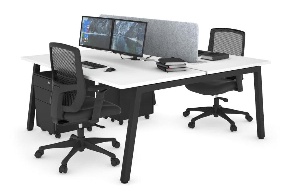 Quadro 2 Person Office Workstation [1400L x 800W with Cable Scallop]-black leg white light grey acoustic panel (400H x 1200W)