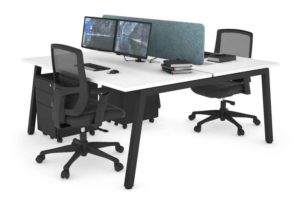 Quadro 2 Person Office Workstations [1400L x 800W with Cable Scallop] Jasonl black leg white blue echo panel (400H x 1200W)