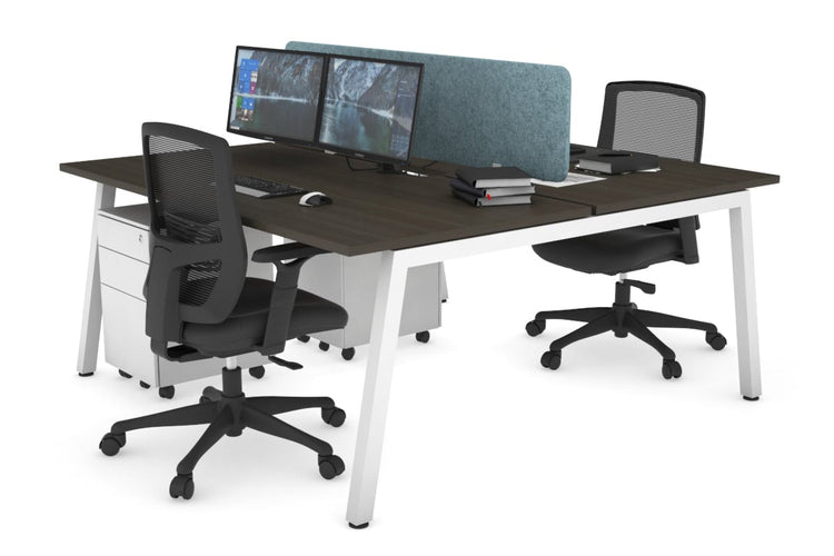 Quadro 2 Person Office Workstations [1400L x 800W with Cable Scallop] Jasonl white leg dark oak blue echo panel (400H x 1200W)