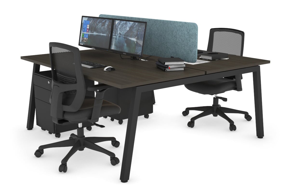 Quadro 2 Person Office Workstations [1400L x 800W with Cable Scallop] Jasonl black leg dark oak blue echo panel (400H x 1200W)
