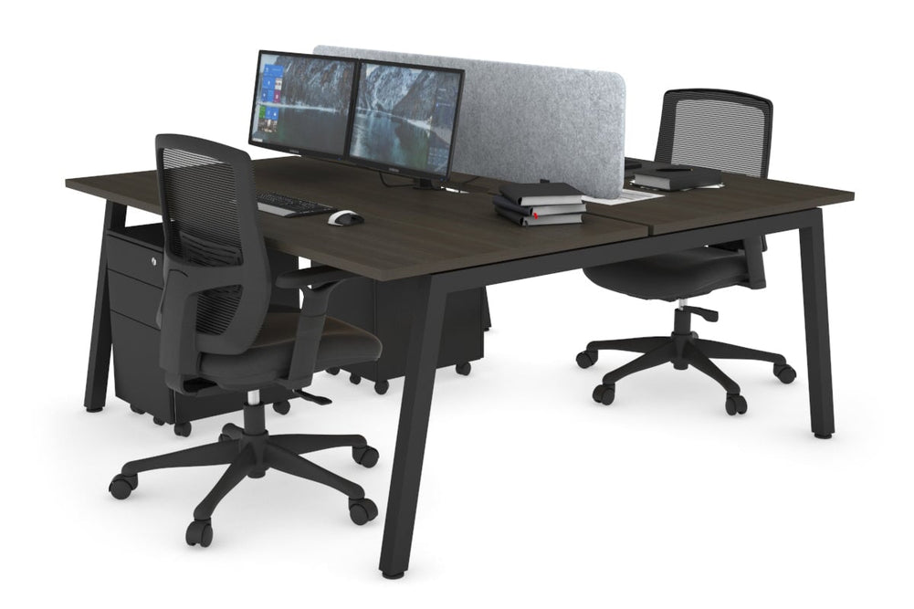 Quadro 2 Person Office Workstation [1400L x 800W with Cable Scallop]-black leg dark oak light grey acoustic panel (400H x 1200W)