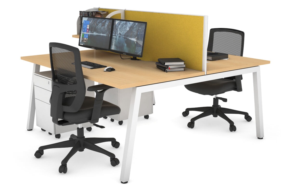 Quadro 2 Person Office Workstations [1400L x 800W with Cable Scallop] Jasonl white leg maple mustard yellow (500H x 1400W)