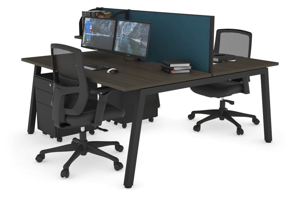 Quadro 2 Person Office Workstation [1400L x 800W with Cable Scallop]-black leg dark oak deep blue (500H x 1400W)
