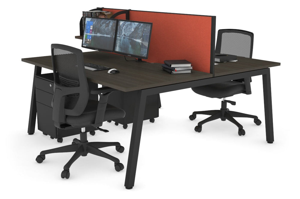 Quadro 2 Person Office Workstation [1400L x 800W with Cable Scallop]-black leg dark oak orange squash (500H x 1400W)