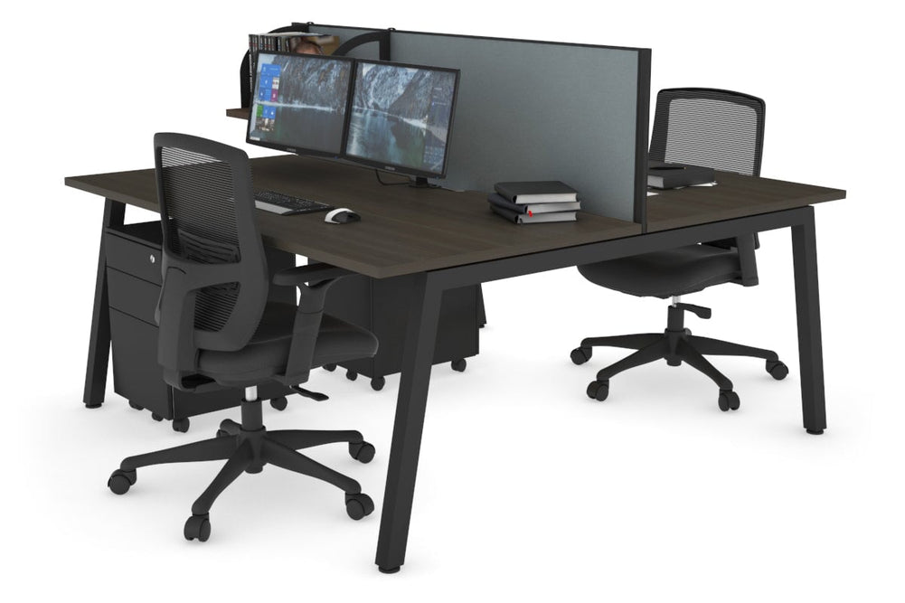 Quadro 2 Person Office Workstation [1400L x 800W with Cable Scallop]-black leg dark oak cool grey (500H x 1400W)