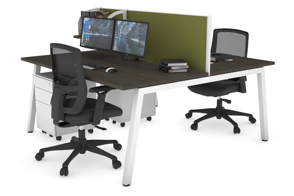 Quadro 2 Person Office Workstation [1600L x 800W with Cable Scallop]-white leg dark oak green moss (500H x 1600W)