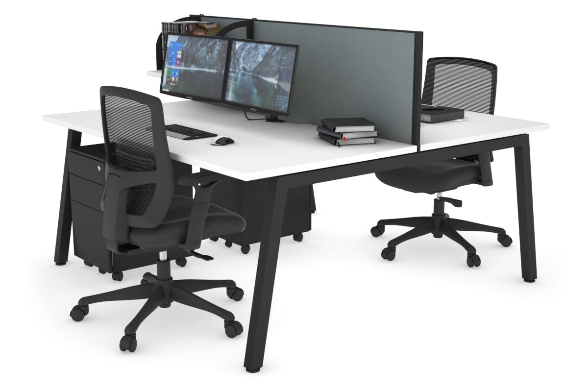 Quadro 2 Person Office Workstation [1600L x 800W with Cable Scallop]-black leg white cool grey (500H x 1600W)
