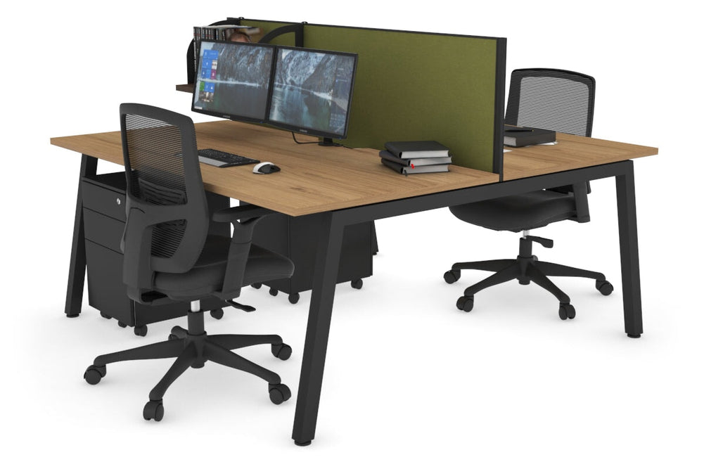 Quadro 2 Person Office Workstation [1600L x 800W with Cable Scallop]-black leg salvage oak green moss (500H x 1600W)