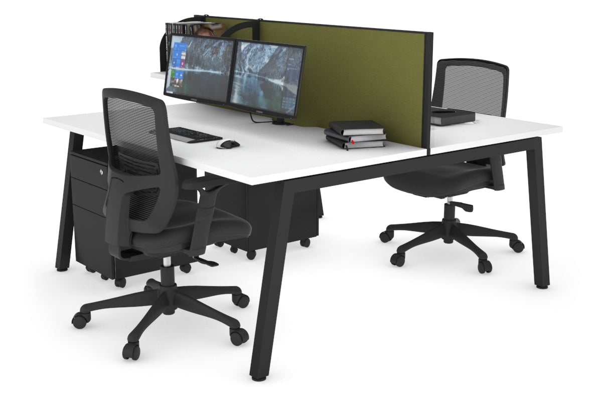 Quadro 2 Person Office Workstation [1600L x 800W with Cable Scallop]-black leg white green moss (500H x 1600W)
