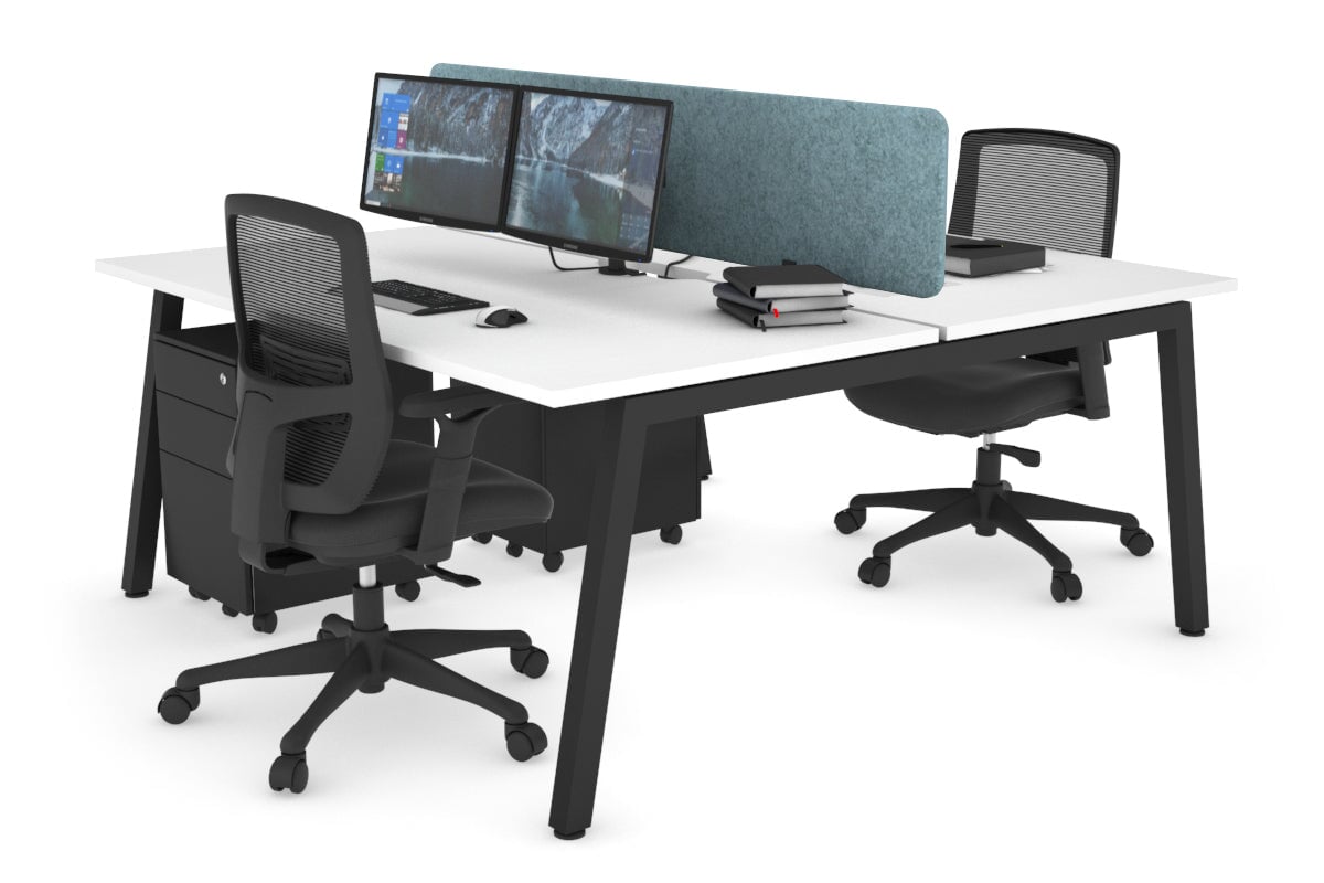 Quadro 2 Person Office Workstation [1600L x 800W with Cable Scallop]-black leg white blue echo panel (400H x 1600W)