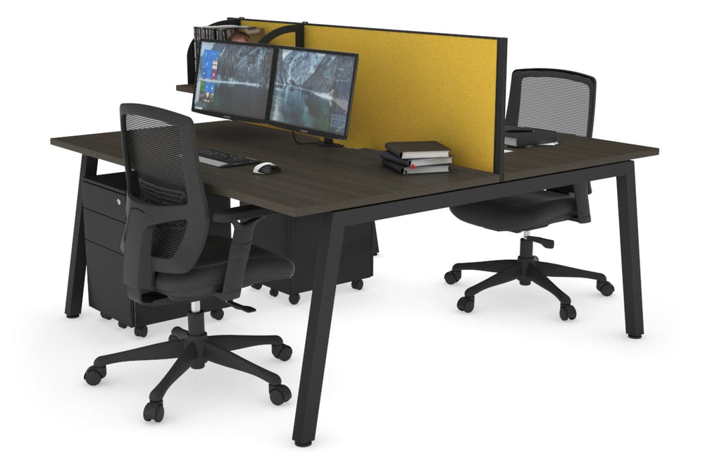 Quadro 2 Person Office Workstation [1600L x 800W with Cable Scallop]-black leg dark oak mustard yellow (500H x 1600W)