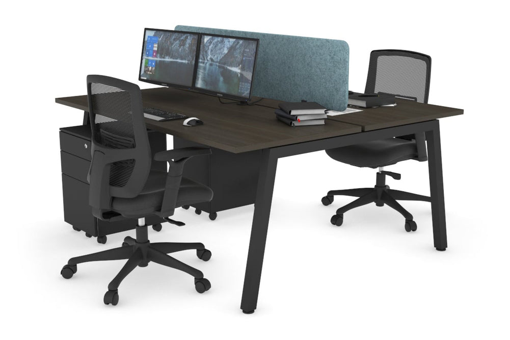 Quadro 2 Person Office Workstation [1800L x 700W]-black leg dark oak blue acoustic panel (400H x 1600W)