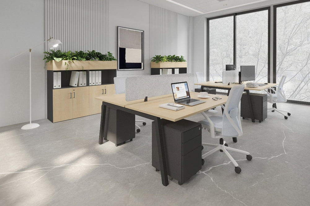 Quadro 2 Person Office Workstation [1800L x 700W]-black leg dark oak moody charcoal (500H x 1800W)